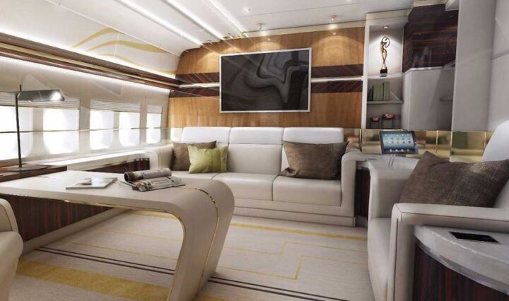 luxury private jet interior with gourmet dining setup