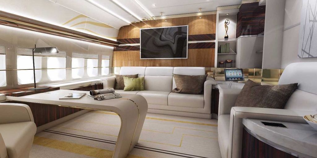 luxury private jet interior with gourmet dining setup