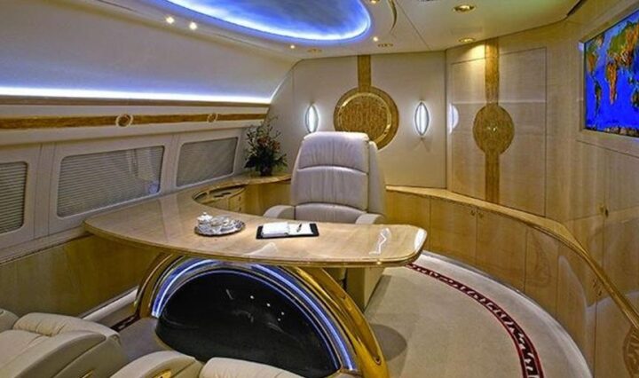 luxurious private jet interior with amenities