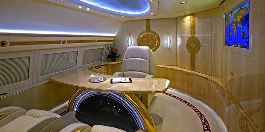 luxurious private jet interior with amenities
