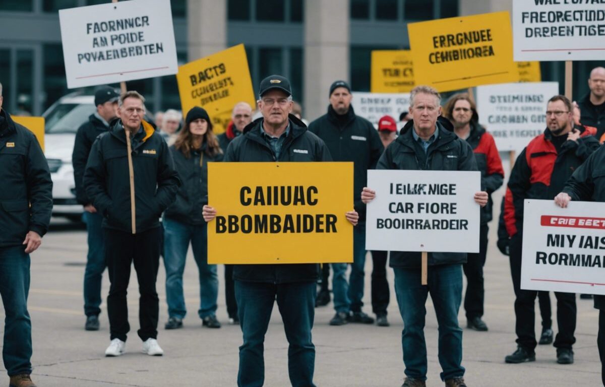 Bombardier workers striking outside Toronto plant with signs