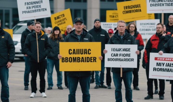 Bombardier workers striking outside Toronto plant with signs