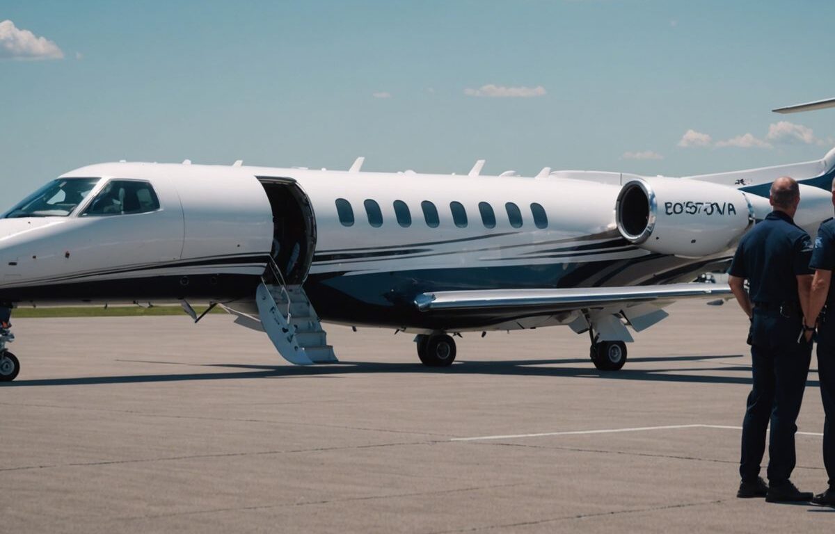 Grounded Cessna Citation Hemisphere with maintenance crew inspecting engine on airport tarmac.