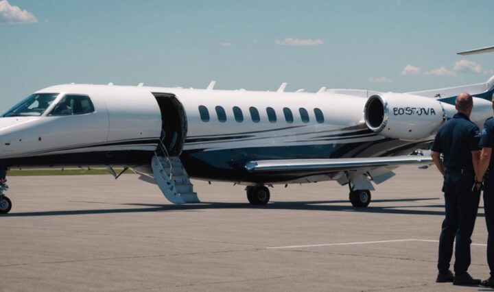 Grounded Cessna Citation Hemisphere with maintenance crew inspecting engine on airport tarmac.