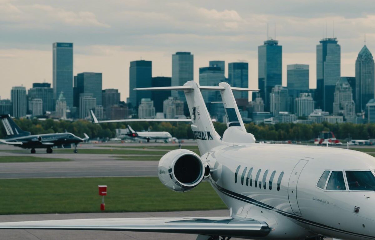 Private jet lands in Montreal for F1 Grand Prix, city skyline and banners visible.
