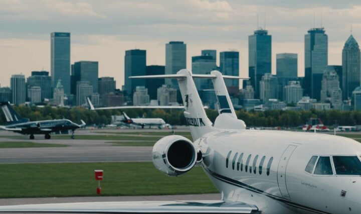 Private jet lands in Montreal for F1 Grand Prix, city skyline and banners visible.