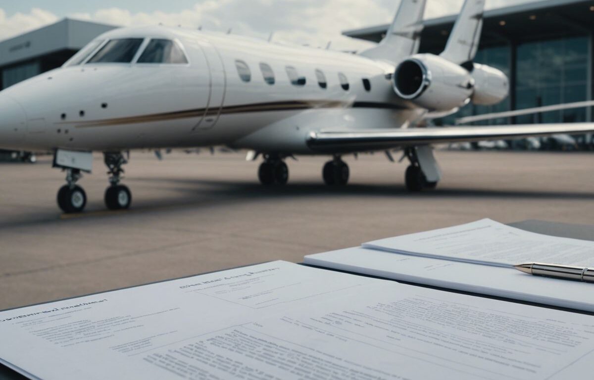 Government official inspects documents with private jets parked at an airport in the background.