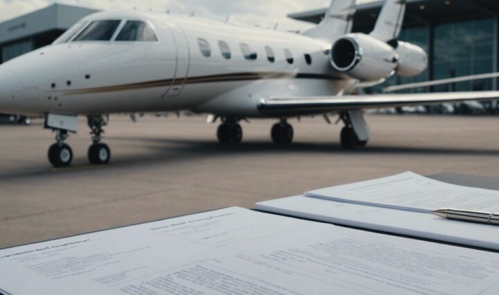 Government official inspects documents with private jets parked at an airport in the background.