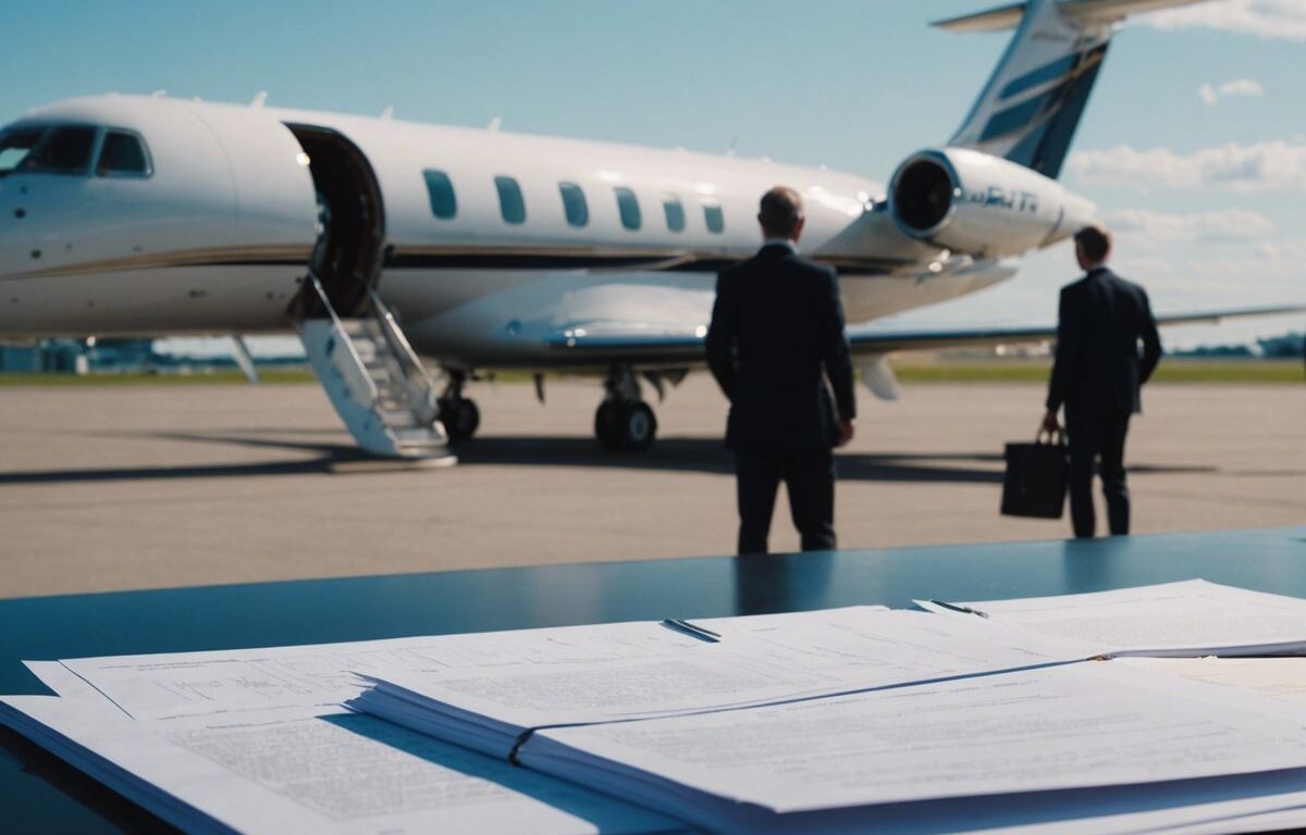 Government official inspects documents as private jets are parked at an airport.