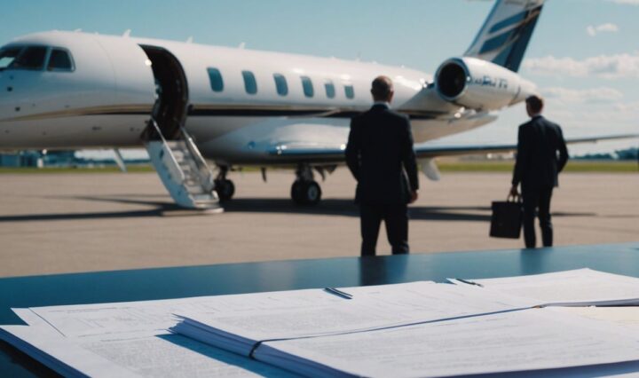 Government official inspects documents as private jets are parked at an airport.