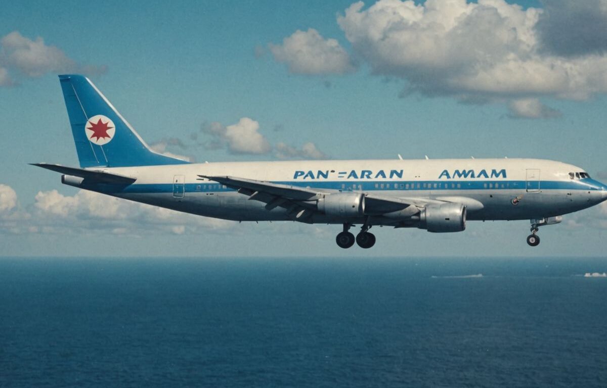 Pan Am airplane in flight over the Atlantic Ocean