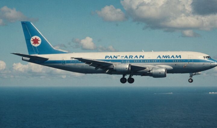 Pan Am airplane in flight over the Atlantic Ocean