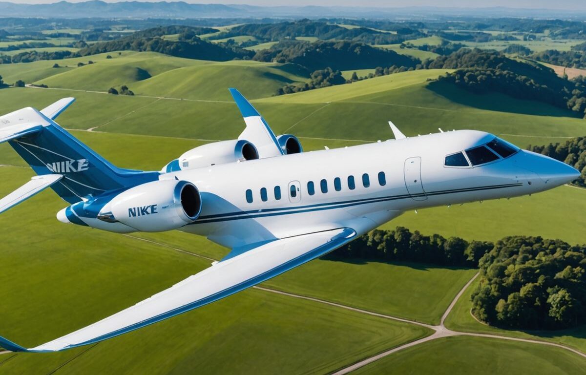 Nike private jet flying over green landscape