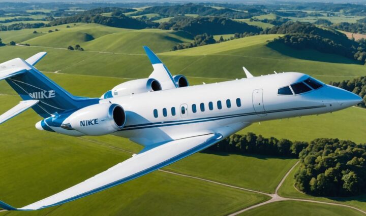 Nike private jet flying over green landscape