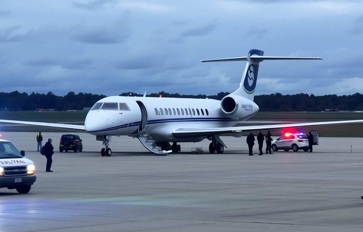 Private jet with emergency vehicles and investigators