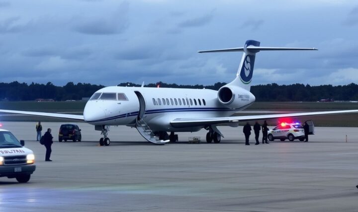 Private jet with emergency vehicles and investigators