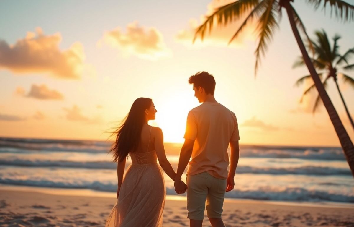 Kylie Jenner and Timothée Chalamet on a tropical beach.