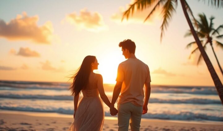 Kylie Jenner and Timothée Chalamet on a tropical beach.