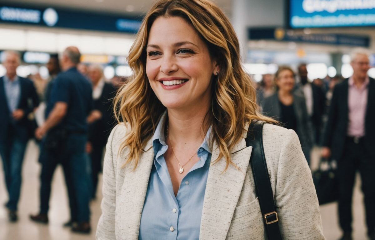 Drew Barrymore arriving at Sydney airport in stylish attire.