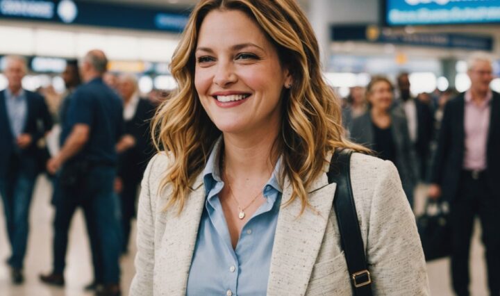 Drew Barrymore arriving at Sydney airport in stylish attire.