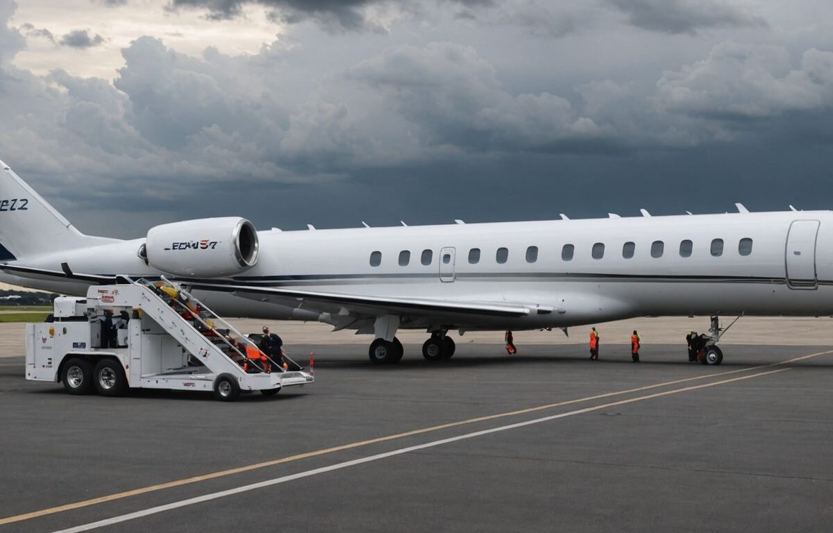 Private jet on tarmac with cloudy sky