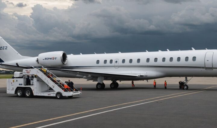 Private jet on tarmac with cloudy sky