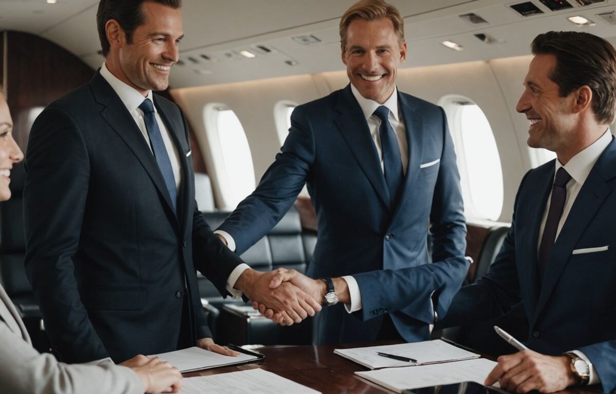 Executives shaking hands in a luxurious office.