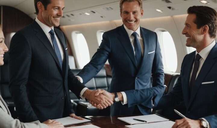 Executives shaking hands in a luxurious office.