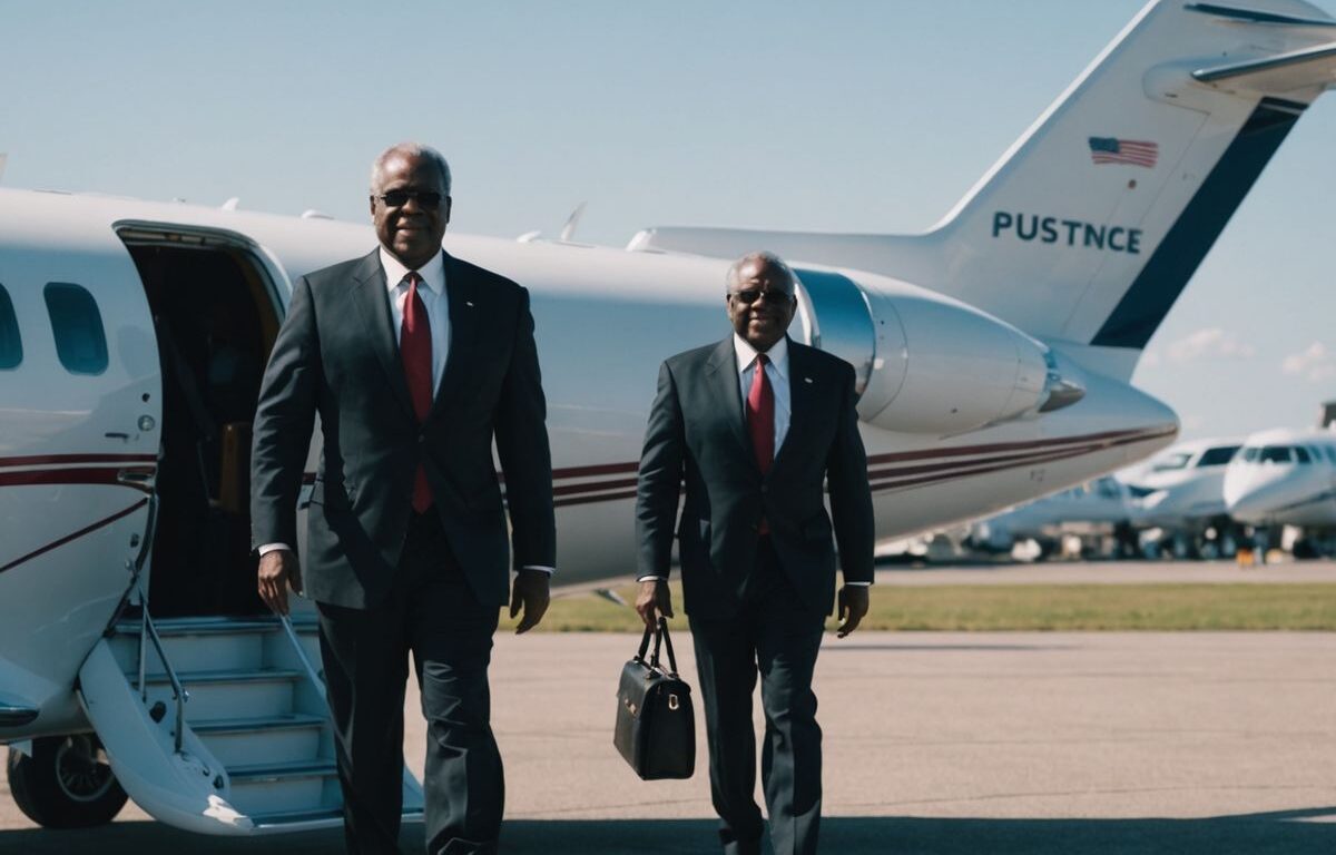 Justice Clarence Thomas boarding private jet, controversy ensues