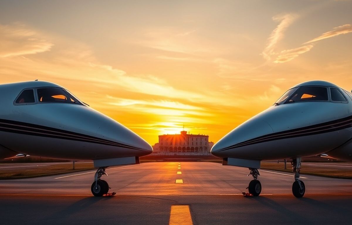 Private jets facing off on runway at sunset