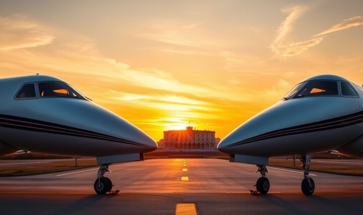 Private jets facing off on runway at sunset