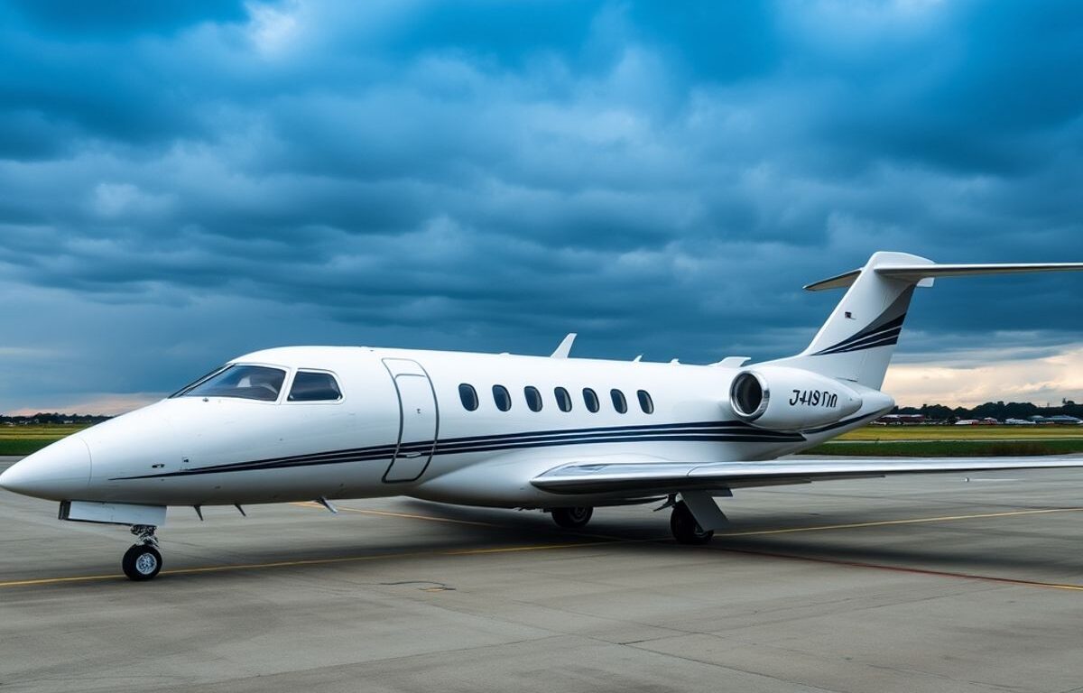 Private jet stationary on tarmac under cloudy sky