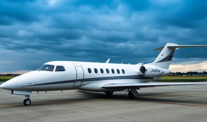 Private jet stationary on tarmac under cloudy sky