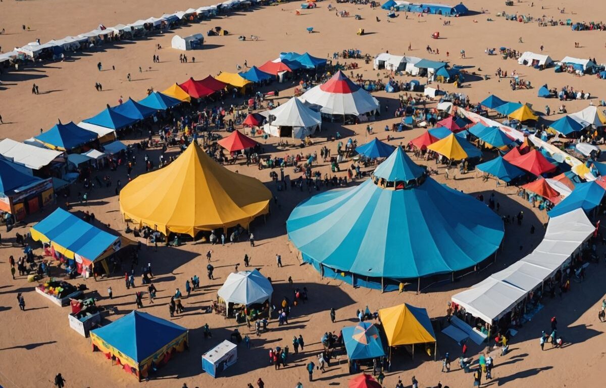 Desert festival with tents and art installations