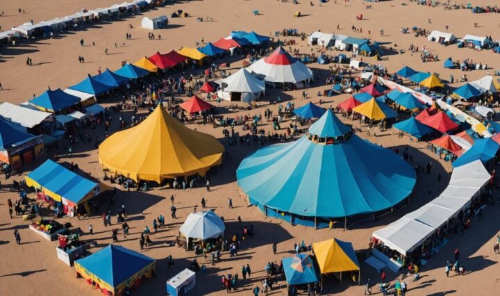 Desert festival with tents and art installations