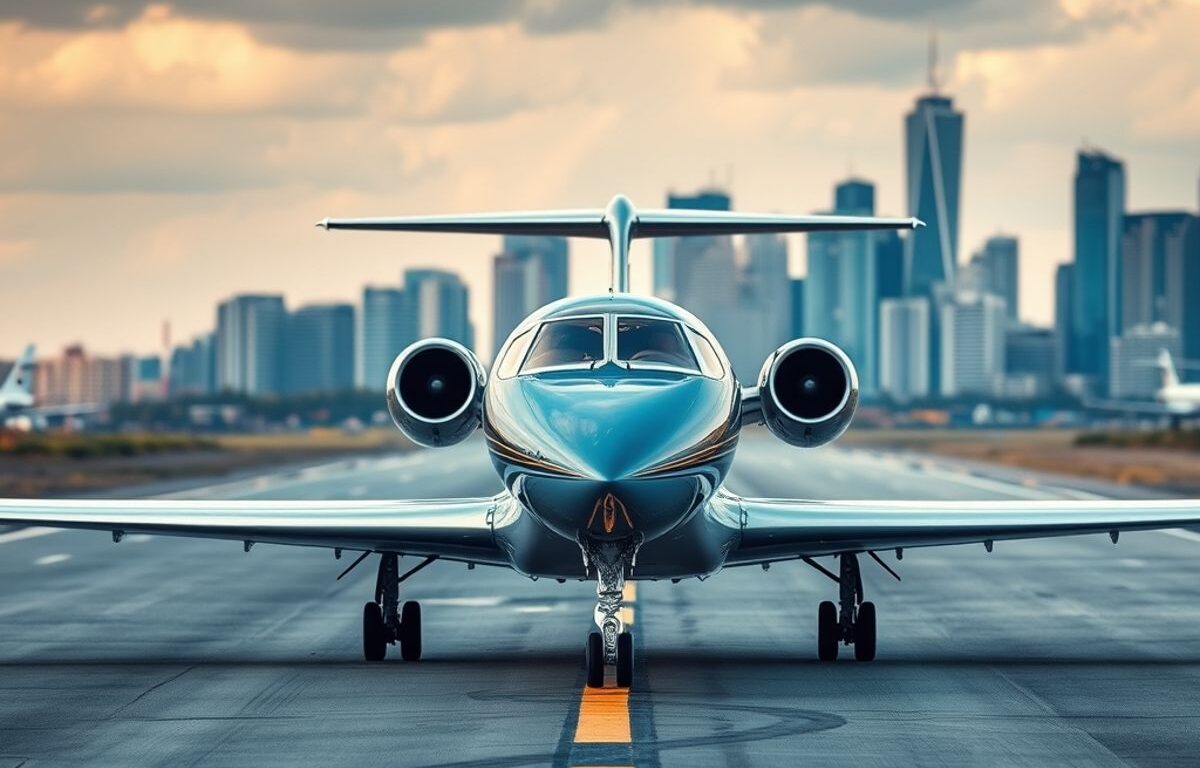 Private jet on runway with city skyline.