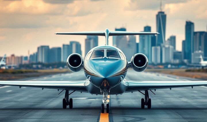 Private jet on runway with city skyline.