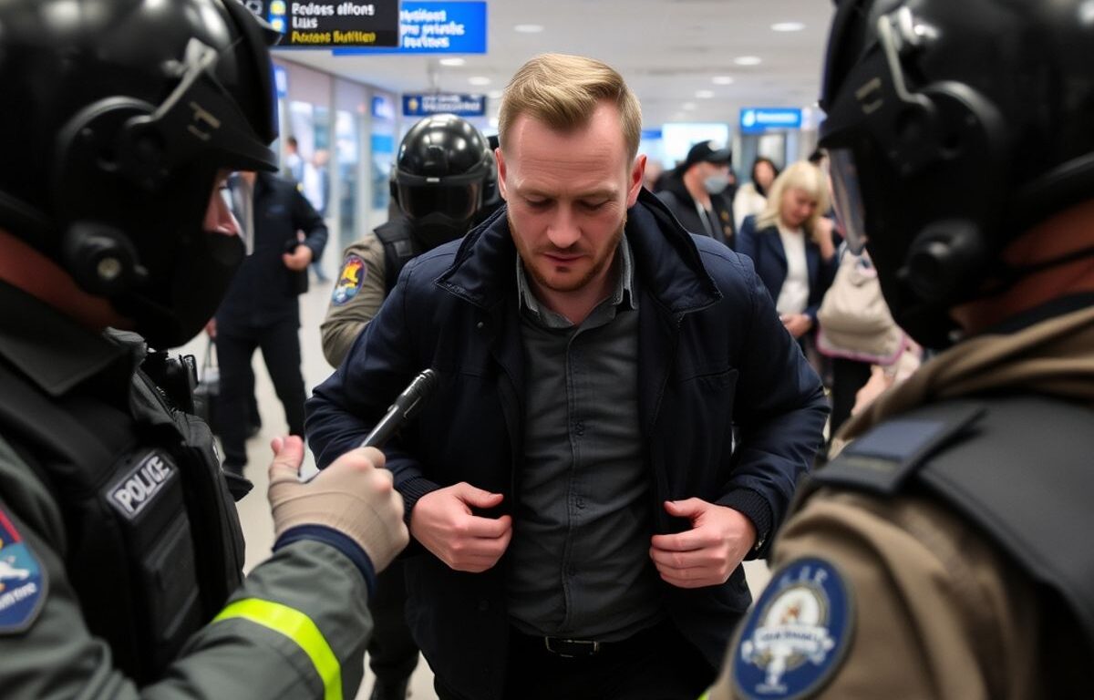 Police detaining a man at a French airport.