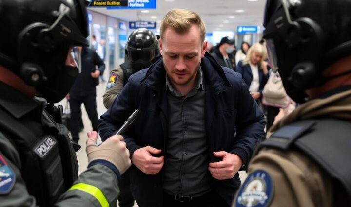 Police detaining a man at a French airport.