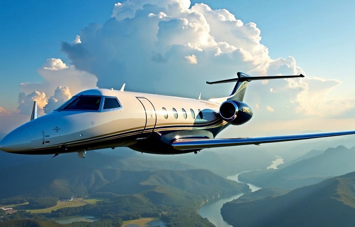 Flexjet Praetor 600 jet flying in a blue sky.