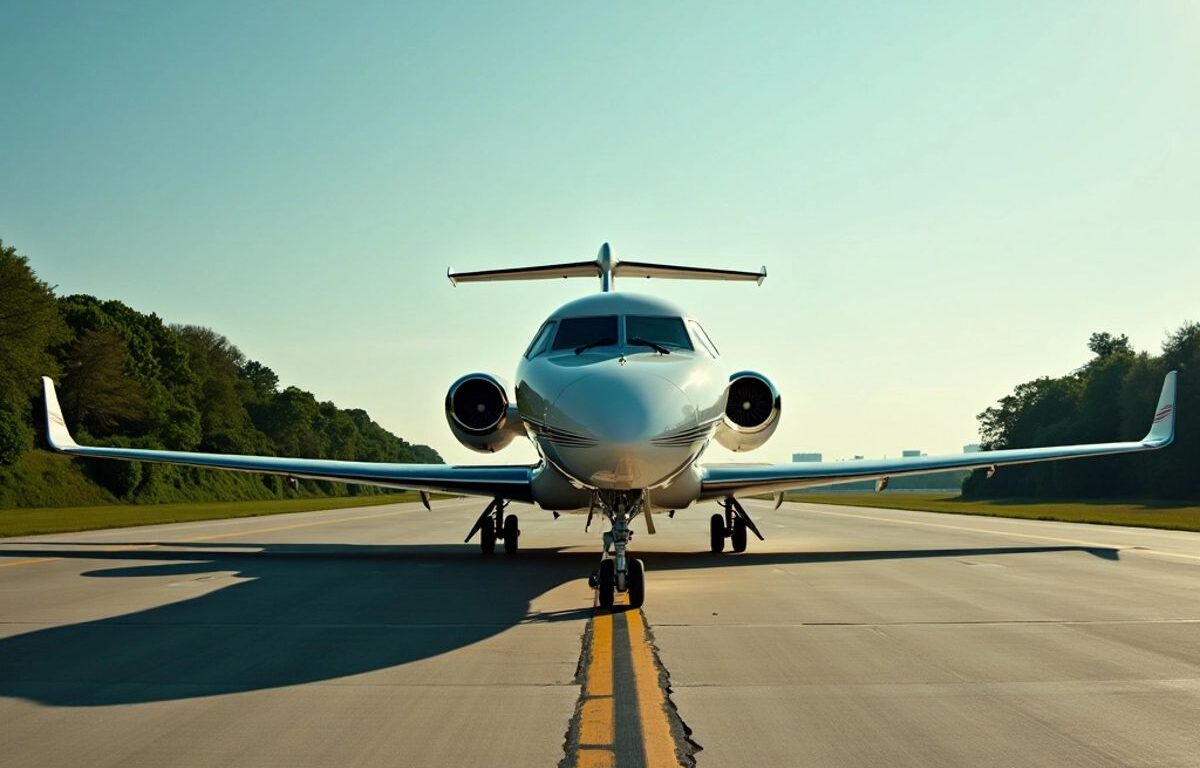 Private jet on tarmac with green surroundings.