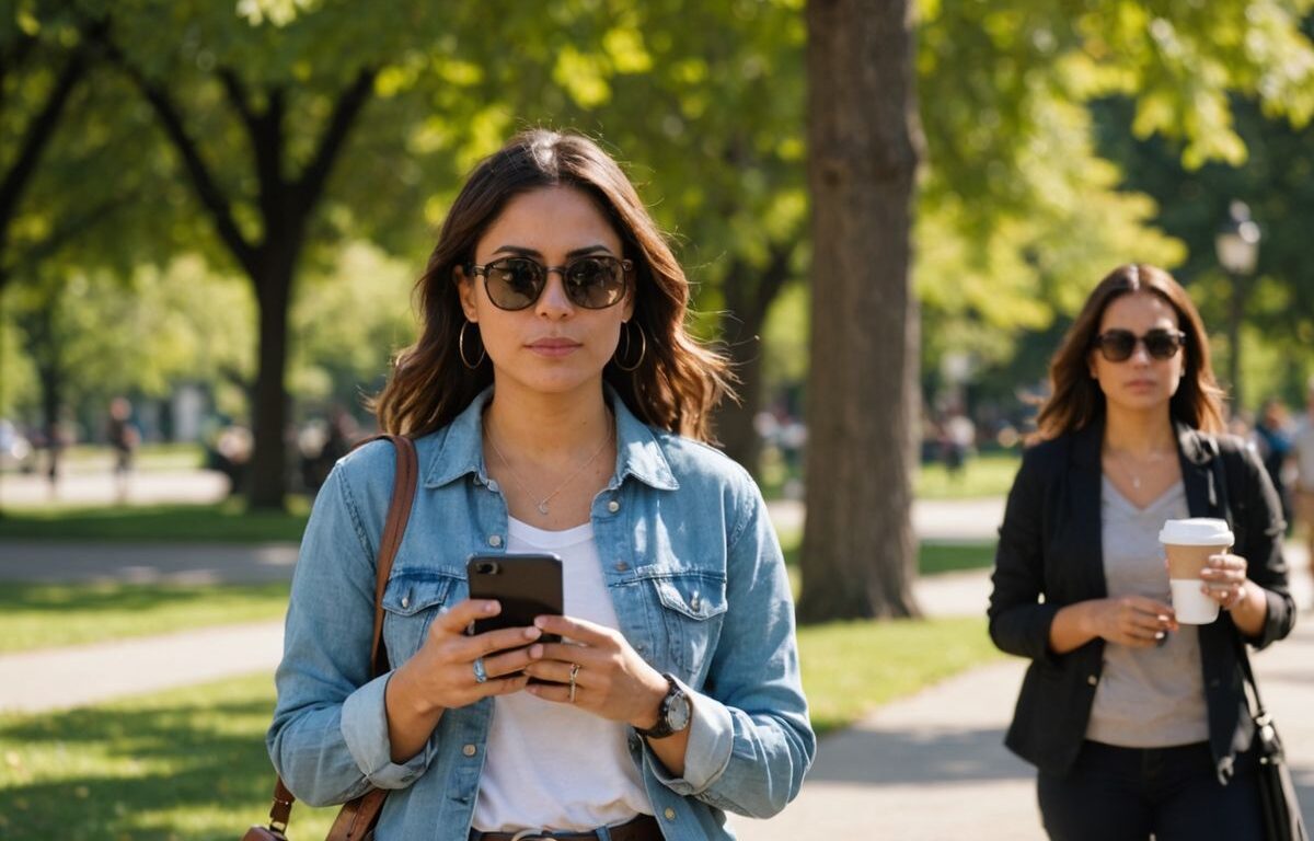 Nikki Garcia walking in park with phone and coffee