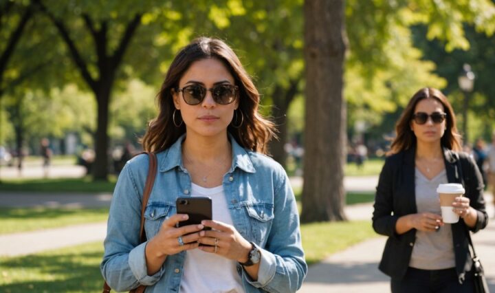 Nikki Garcia walking in park with phone and coffee