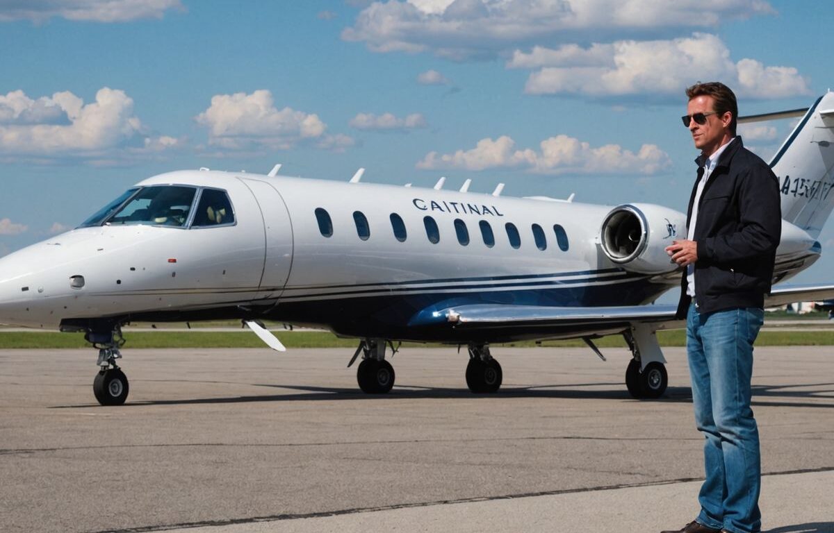 Man near private jet on tarmac