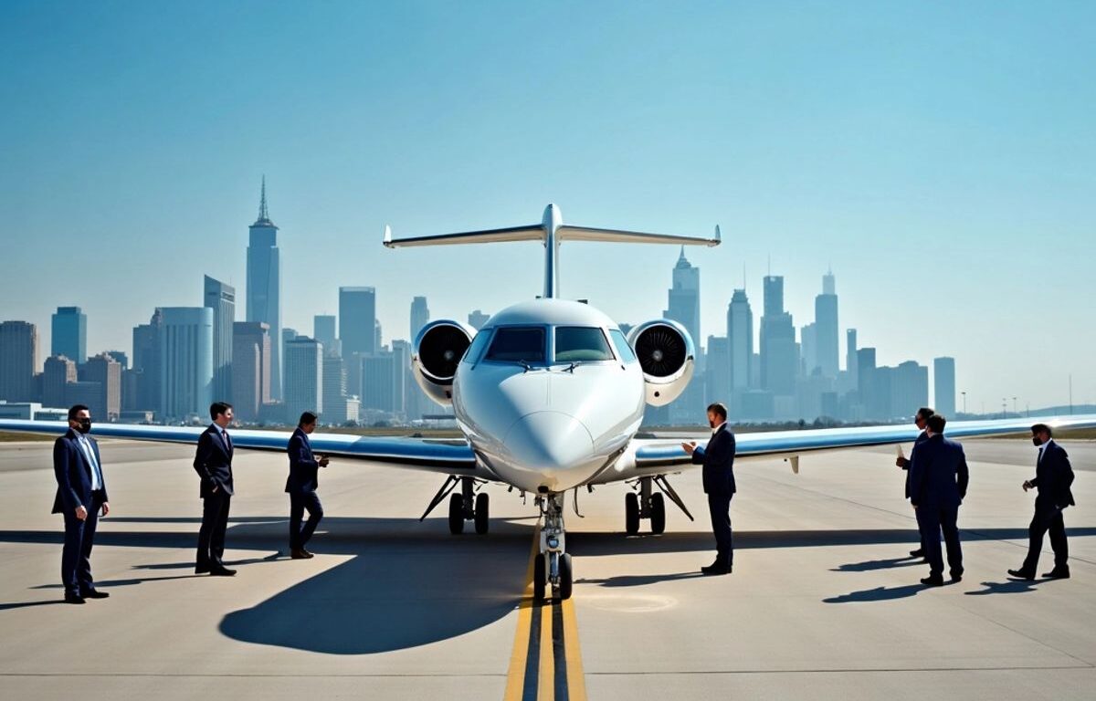 Private jet on tarmac with staff and security