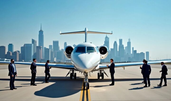 Private jet on tarmac with staff and security