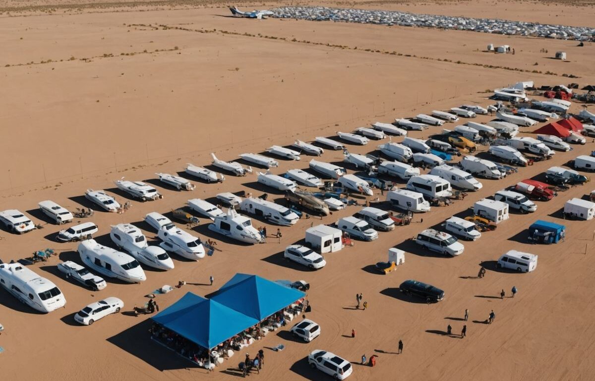 Private jets and tents at desert festival