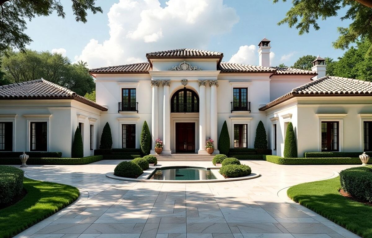 Lavish mansion surrounded by greenery and a driveway.