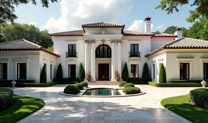 Lavish mansion surrounded by greenery and a driveway.