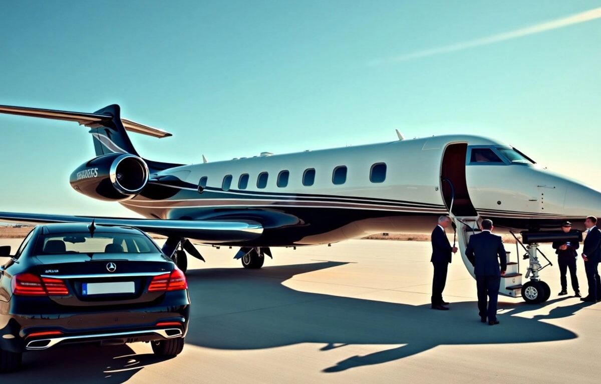 Private jet on tarmac with security and luxury vehicles.